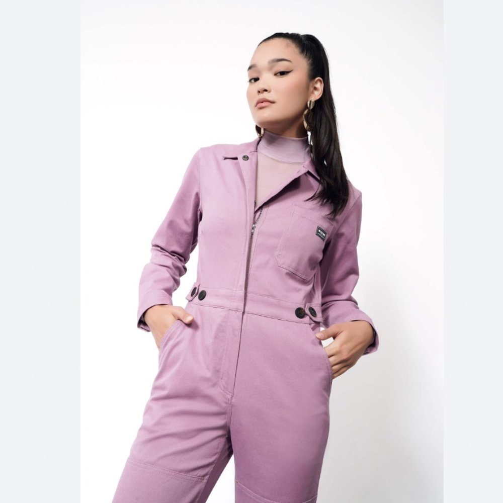Wild Fang Essential Long Sleeved High Waist Coverall Jumpsuit Purple Size Small